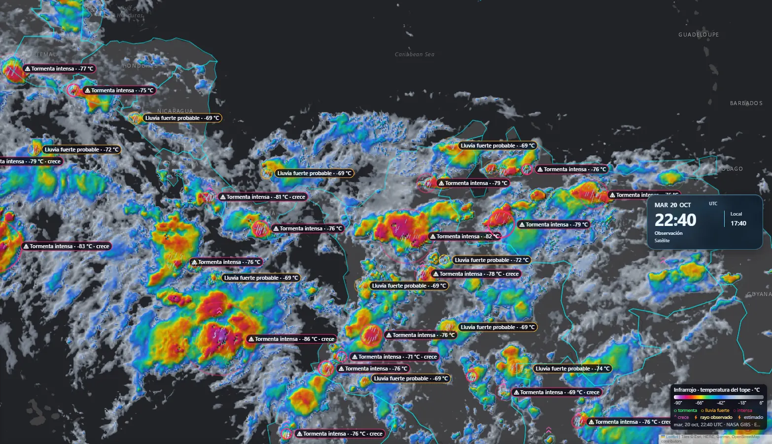 Im Infrarot erkannte Gewitter: Sehr kalte Wolkenobergrenzen als Gewitter, Starkregen oder schweres Gewitter markiert, dazu die, die sich verstärken.
