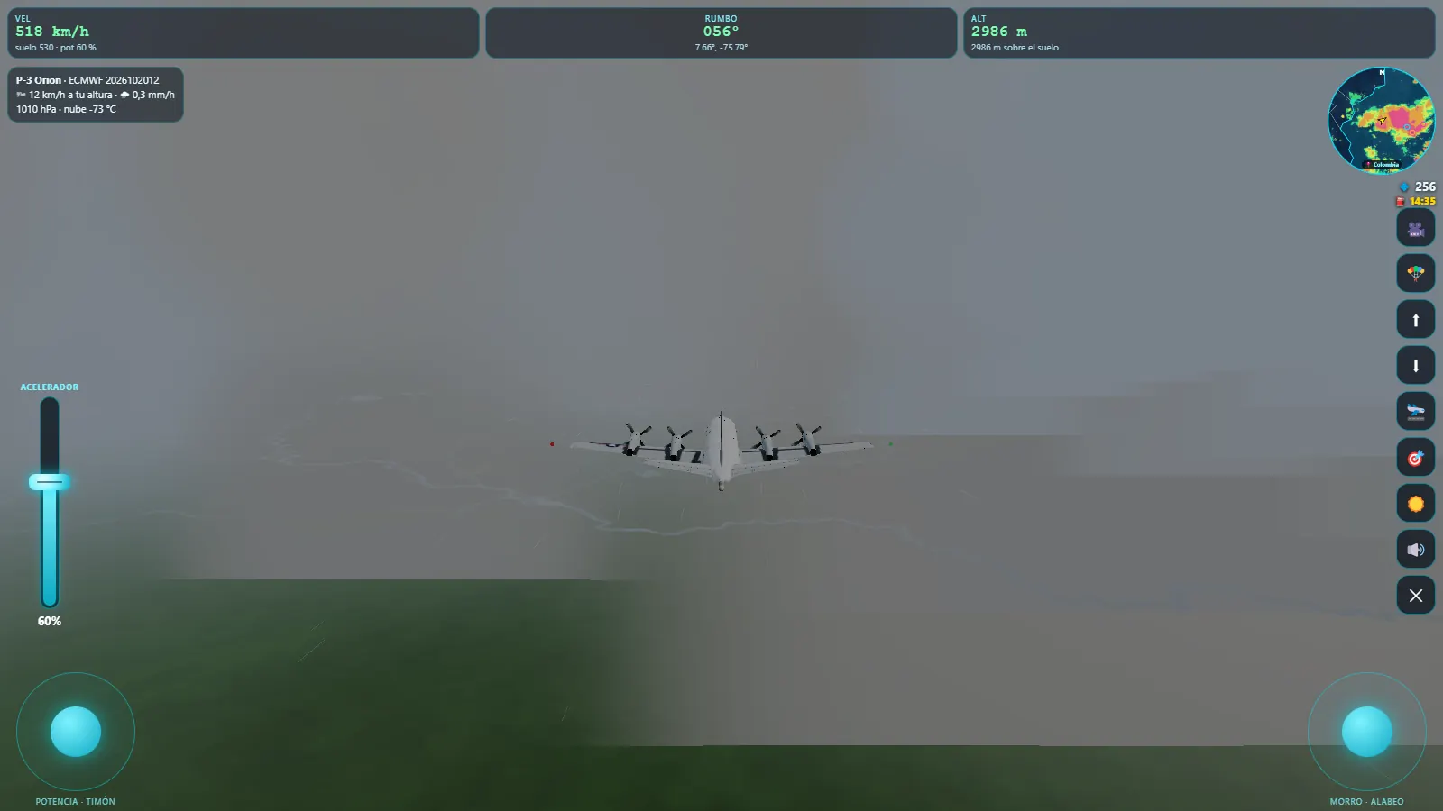 MeteoPaint Flug: Fliege die P-3 Orion durch echte Wolken und Gewitter, mit HUD, Minikarte und Modelldaten in deiner Höhe.