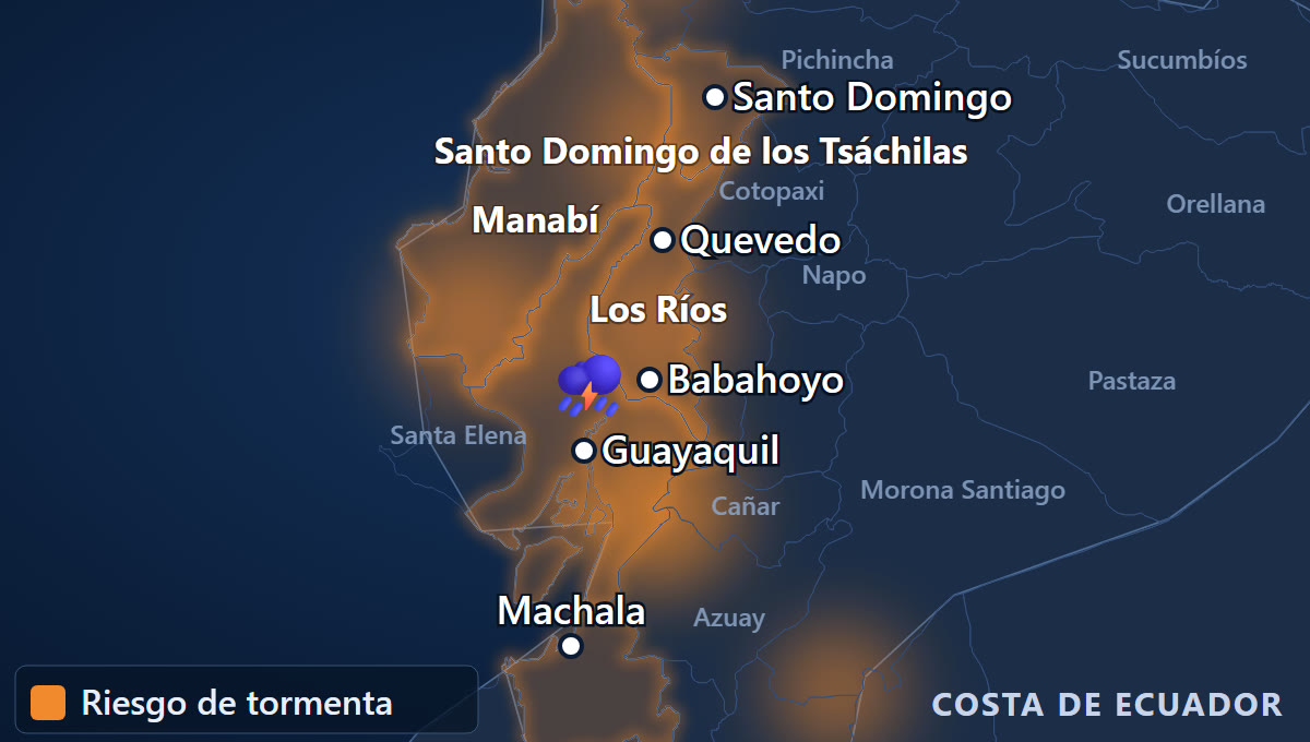 Tormentas y lluvias fuertes · Costa centro y sur de Ecuador